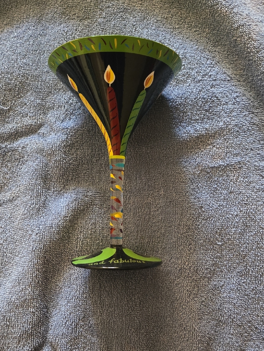 Lolita Hand-Painted Black Martini Glass with Green Trim and Multicolor Candles